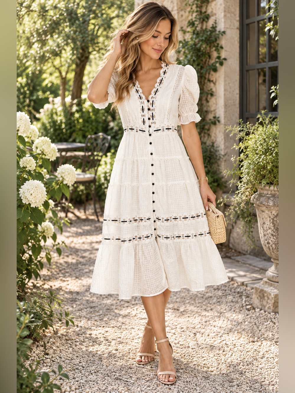 RAHI White Crochet Lace Midi Dress Black Ribbon Size S